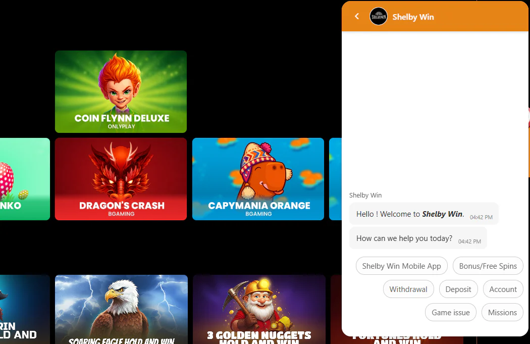 ShelbyWin Casino live chat support with welcome messages and assistance options for withdrawals, deposits, bonuses, mobile app and account issues
