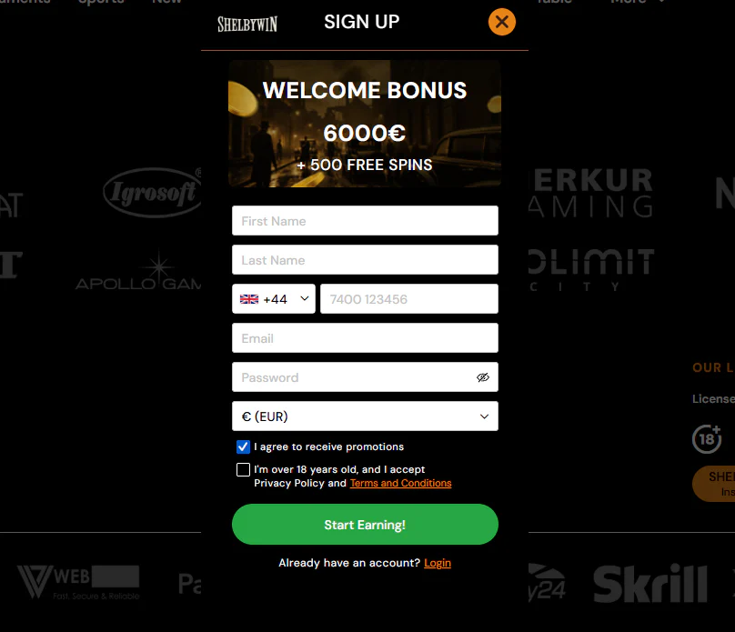 ShelbyWin Casino registration form with €6,000 welcome bonus, 500 free spins, personal details and account currency selection