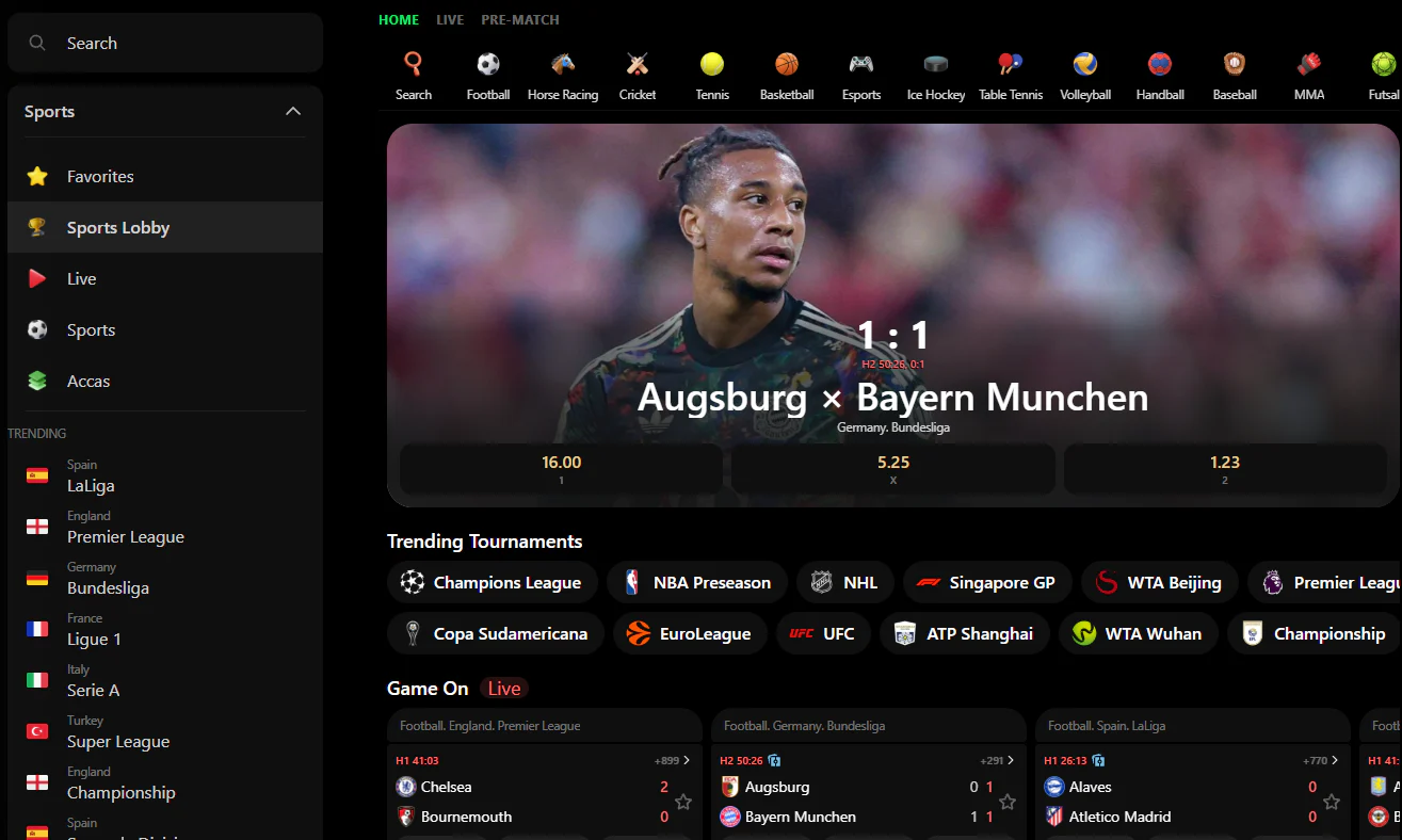 ShelbyWin Casino sportsbook featuring live football betting, Augsburg vs Bayern Munich match odds, popular sports and trending tournaments